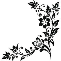 Floral corner design with flowers and leaves in black ink