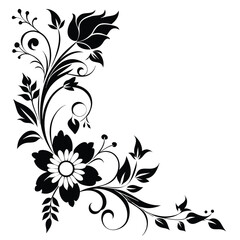 Black and white floral corner design with leaves and swirls