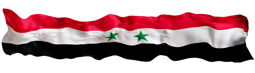 Stylized flag of Syria waving in the wind on transparent background. Footer, header or divider. Cut out wide, panoramic element. Banner for patriotic themes or national event promotions. 3D.