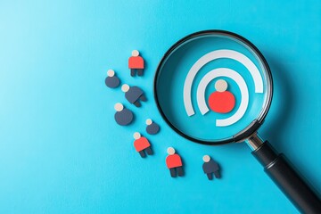 Target customer identification through a magnifying glass.  Small figures representing people; a target figure highlighted within the magnifying glass lens