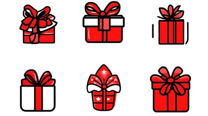 Six Red Gift Boxes Festive Christmas Presents Holiday Icons