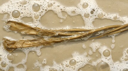 Seaweed on Sandy Beach with Ocean Foam Texture