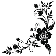 Black floral corner design with leaves and swirls vector