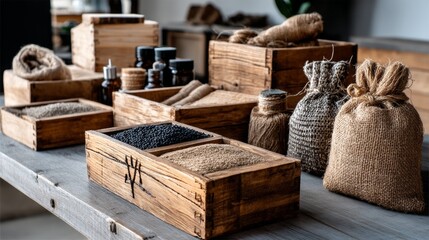 Spices and kitchen containers arranged on rustic wood countertop