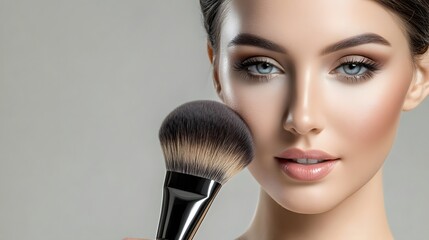 Beautiful Woman Applying Makeup Powder Blush Brush