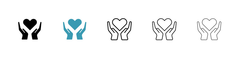 Heart in hand icons set. Hands holding heart icon. Love icon. Health, medicine symbol. Healthcare hands holding heart flat and line style - stock vector