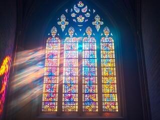 Illuminated stained glass window casting vivid light patterns inside a church