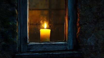 A window with a single candle glowing inside