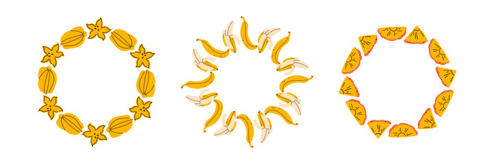 Fruit frame set. Different fruits design template, copy space. Cute hand drawn fruits round frame in doodle style. Circular template. Hand drawn fruits circle border.