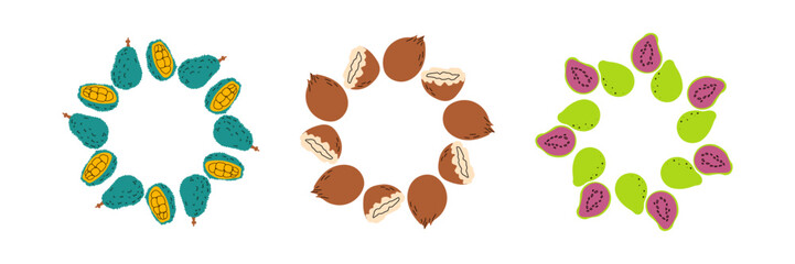 Fruit frame set. Different fruits design template, copy space. Cute hand drawn fruits round frame in doodle style. Circular template. Hand drawn fruits circle border.