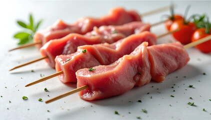 Raw marinated pork, chicken, and veal kebabs for catalog shoot, top view, copy space background.