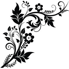 Black floral design with leaves and flower on white space