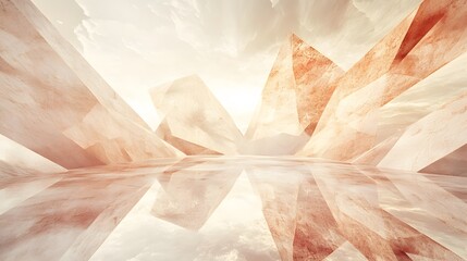 Abstract Geometric Stone Landscape, Digital Art, Modern Architecture, 3D Render, Beige and Brown Hues, Sky Reflection