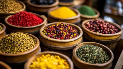 Fototapeta premium Closeup of spice market bowls with colorful powders for culinary travel food culture photography editorial theme