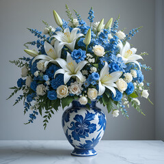 Elegant Blue and White Floral Arrangement in Vase