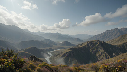Scenic Mountain Valley with River and Wildflowers
