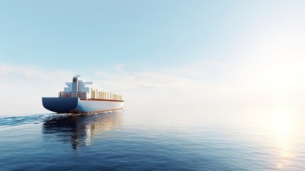 Photorealistic cargo ship sailing through calm seas under clear sky, soft sunlight on water surface, minimalist aesthetic with right-side white space, symbolizing maritime trade and Seafarer&rsquo;s Day