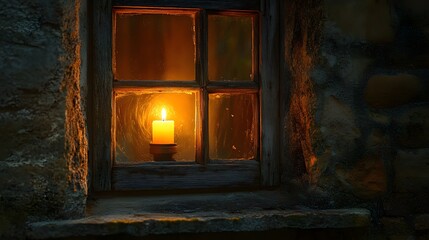 A window with a single candle glowing inside