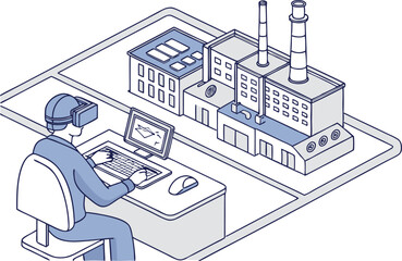 An industrial engineer uses augmented reality and a digital twin interface to operate and monitor smart factory equipment in a modern control room.