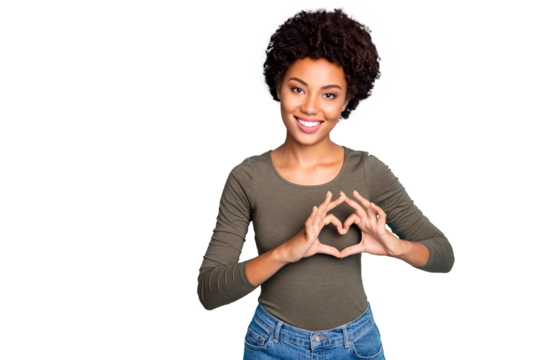 Photo of casual cute lovely sweet nice girlish feminine millennial woman wearing jeans denim green sweater smiling toothily showing you heart sign isolated over vibrant blue color background