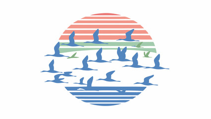 A flock of bluebirds flying in formation towards the horizon on a simple landscape in the white sky