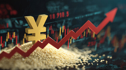 米と価格高騰を表すグラフと円マーク、米高騰（経済・農業・食料問題・物価高騰）