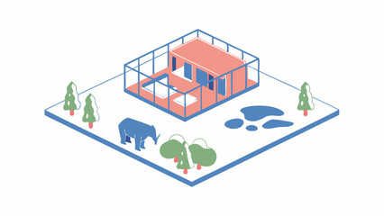 A whimsical elephant wanders through a minimalist zoo exhibit surrounded by playful trees and a