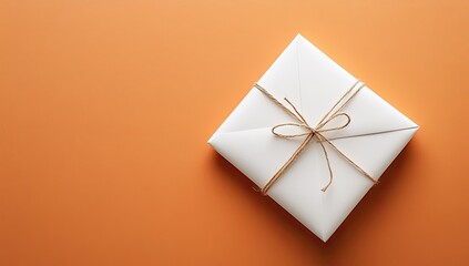 A simple white gift-wrapped box, tied with light brown twine, sits on an orange background. The gift is square, and the twine is neatly knotted