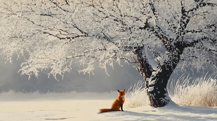 A fox sitting alone under a snow-covered tree