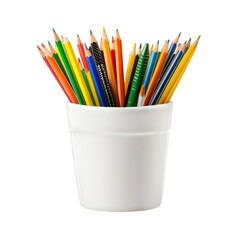 Pencil holder cup with assorted stationery. Isolated white background. Png format