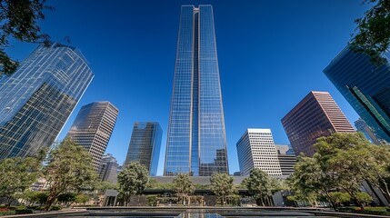 Fototapeta premium Modern skyscrapers rise against a clear blue sky reflecting sunlight in their glass facades
