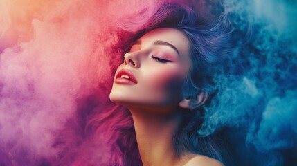 Fototapeta premium Colorful makeup portrait with smoke effect for fashion visuals beauty photography artistic glam editorial concept