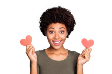 Photo of stylish trendy cheerful charming sweet lovely ecstatic girlfriend showing you two red little hearts smiling toothily wearing green sweater isolated over vivid blue color background