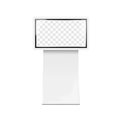 LCD monitor TV stand. Front view. 3d mockup. Video digital display billboard banner or interactive touch screen self-service kiosk on metal base. Realistic vector mock-up. Easy editable template