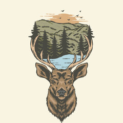 A unique Handrawn illustration of a deer head with a serene lake and mountain range reflected between its antlers, perfect for nature, wildlife, tshirt,stickers design, outdoor themed design 