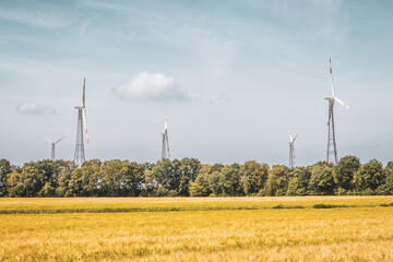Wind Turbines with Wheat Field and Forest &ndash; Renewable Energy in Bramsche-Achmer, Germany