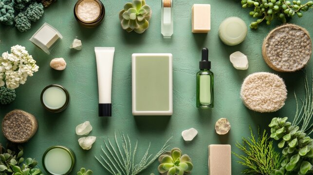 Flatlay of skincare and beauty cosmetics with herbs for organic wellness visuals natural spa product photography