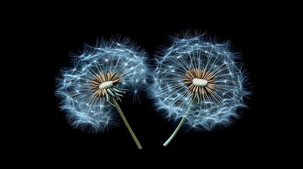Fototapeta premium Two dreamy dandelion seed heads sit together against a completely jet black background