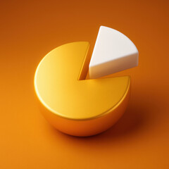 Vibrant yellow pie chart with white slice removed, set against orange background, symbolizes data representation and analysis