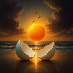 Surreal scene featuring two cracked eggshells beach sunset, with large sun resembling orange rising above ocean. sky is filled with clouds