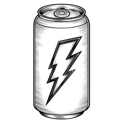 The design features a hand-drawn energy drink can illustration accompanied by a lightning bolt