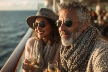 Couple Enjoying Sunset on Cruise. Romantic moment with drinks on a luxury ship.