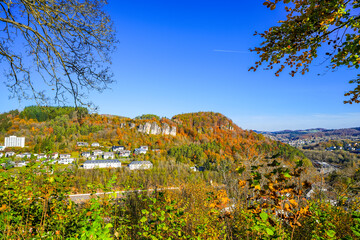 View of Gerhardstein Castle in Gerolstein. Historic Löwenburg Castle with the surrounding landscape in the Eifel region.
