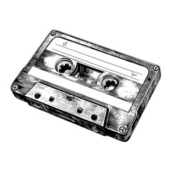 Detailed line art illustration in black and white of a cassette tape featuring a blank label