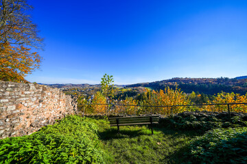 View of Gerhardstein Castle in Gerolstein. The historic Löwenburg castle with the surrounding landscape in the Eifel region.
