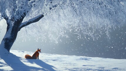 A fox sitting alone under a snow-covered tree