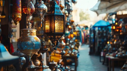 Colorful market alley with oriental lanterns and crowd for street photography cultural lifestyle travel visual decor concept