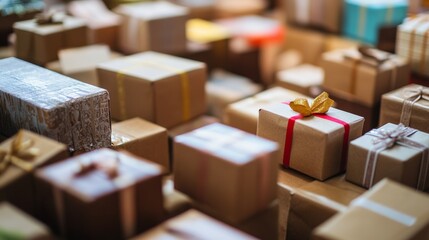 Blurred background with many cardboard boxes and parcels for shipping delivery e commerce photography warehouse packaging concept