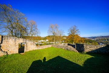 View of Gerhardstein Castle in Gerolstein. The historic Löwenburg castle with the surrounding landscape in the Eifel region.
