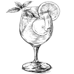 A detailed and modern illustration of a cocktail that is refreshing, featuring lemon and mint